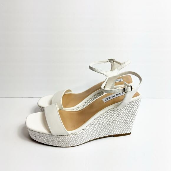 STEVE MADDEN WOMEN'S TORY WHITE SATIN ROPE WEDGE SANDAL HEELS SIZE 10 NEW - Picture 1 of 7